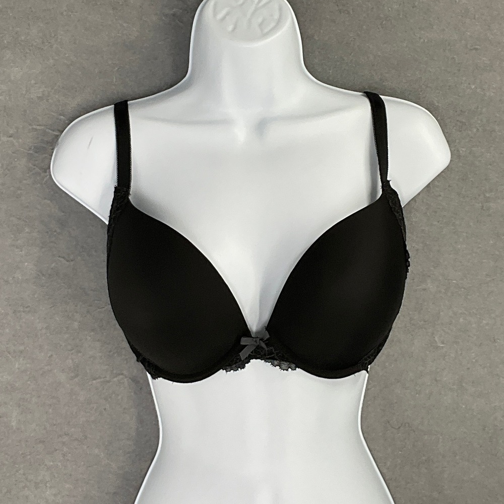 Victoria's Secret Black‎ Lace Trim Push Up Bra 34DD Padded Feminine Romantic